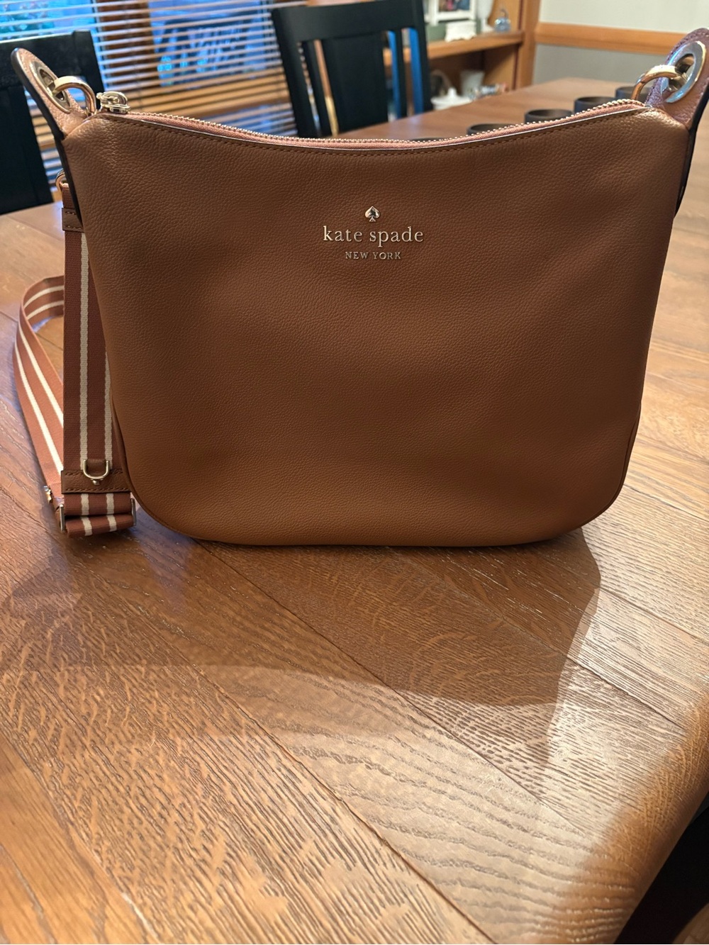 Kate Spade Tan Pebbled Leather Crossbody Bag with long adjustable striped strap - Picture 2 of 11